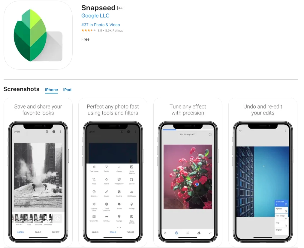 لقطة شاشة لتطبيق Snapseed من متجر تطبيقات iOS