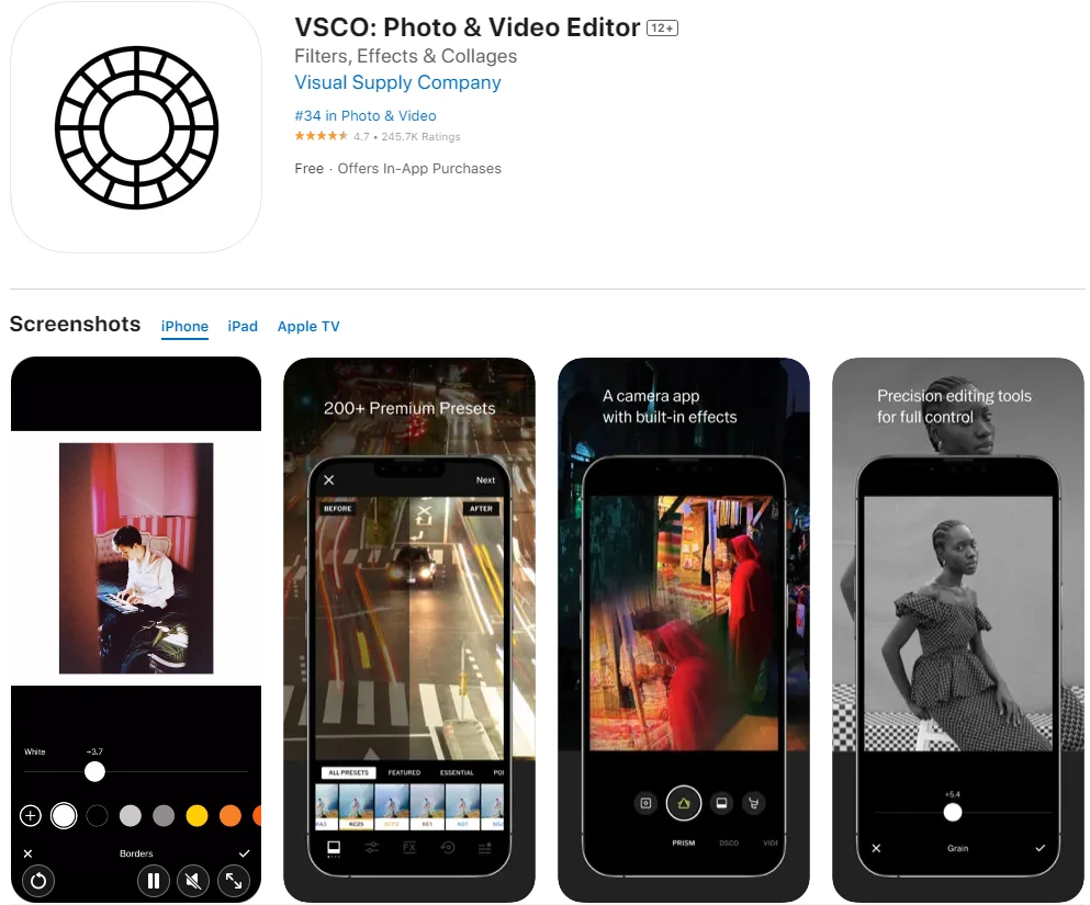 Capture d'écran de VSCO depuis l'App Store iOS