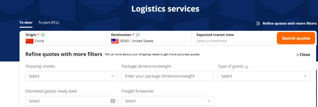 Searching for logistics solutions using the quote lookup tool