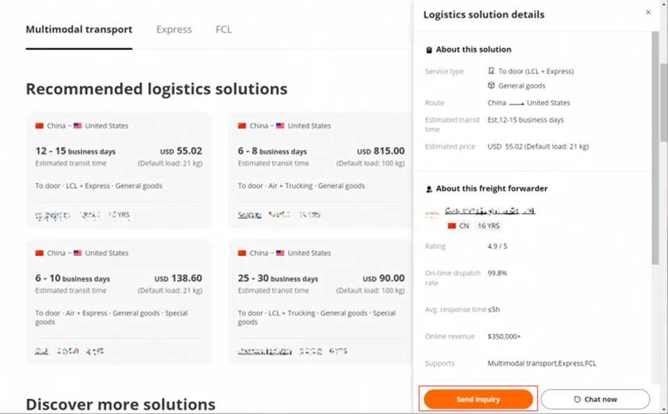 Sending inquiry through the logistics solution details page