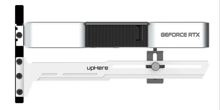 Silver support bracket holding a GPU firmly