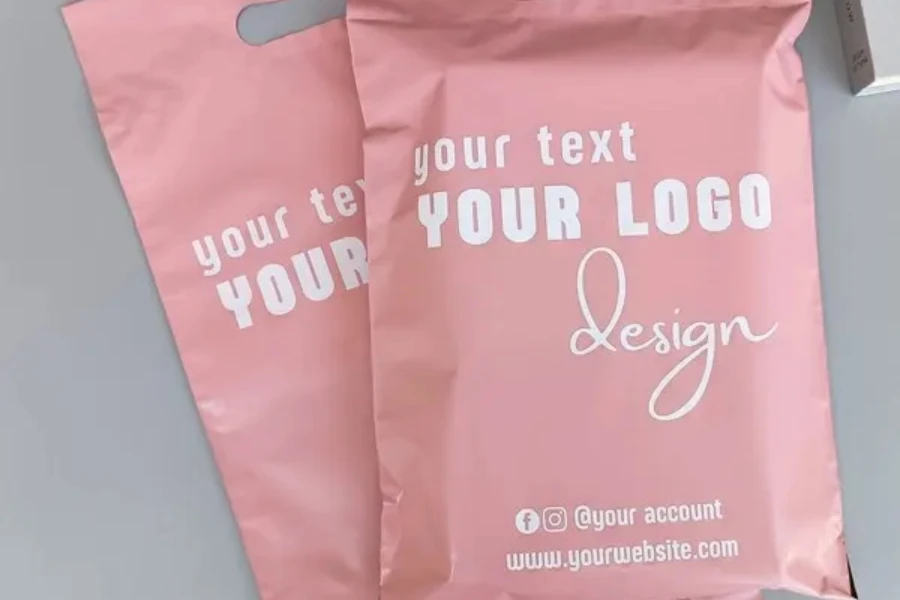 Manijas de redes sociales impresas en bolsas de plástico para ropa.
