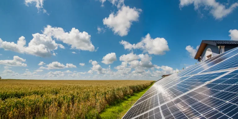solar power panels near a wheat field and cloudly sky