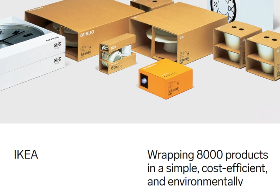 Halaman web laboratorium desain Stockholm menampilkan kotak kardus berisi berbagai produk rumah tangga