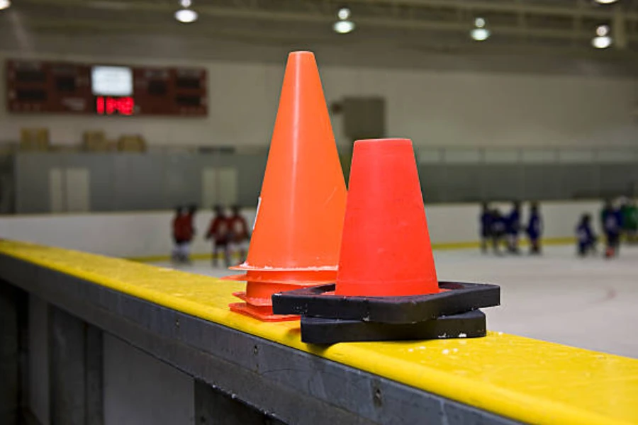 Two types of agility cones used in hockey training session