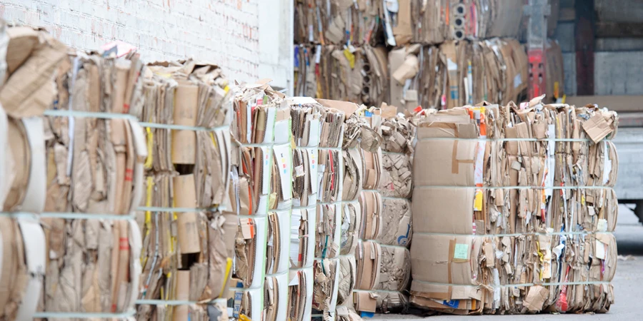 resíduos de papel são coletados e embalados para reciclagem
