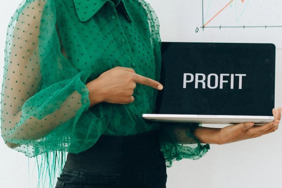 Frau zeigt auf den Text „PROFIT“ auf einem Laptopbildschirm