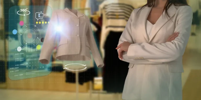 woman try to use smart display with virtual or augmented reality in the shop or retail to choose select