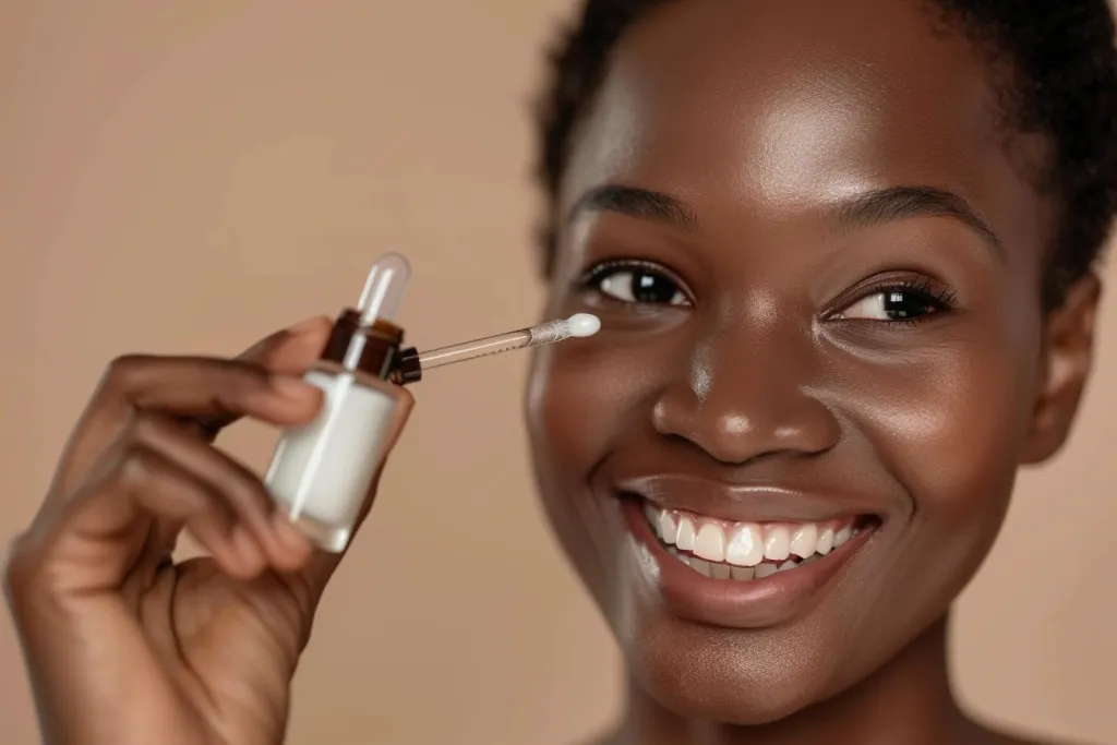 A beautiful smiling African American woman applying serum
