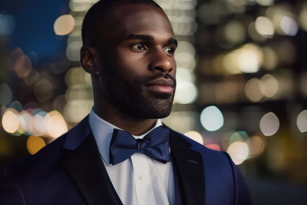 close up of black man in tuxedo with navy blue bow tie