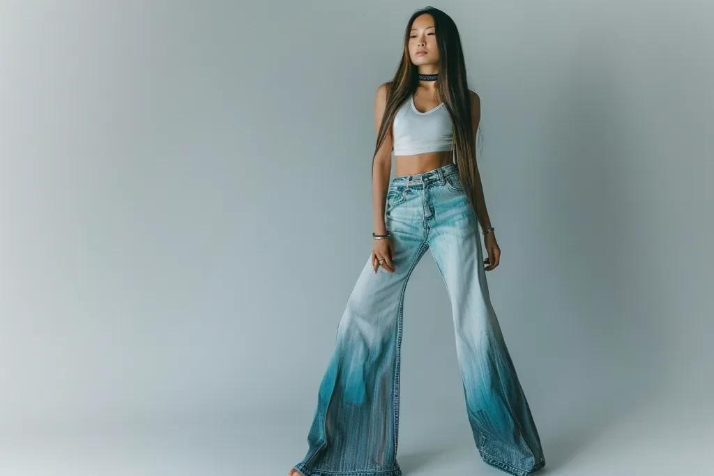 A full body photo of an Asian model wearing wide leg jeans and a white tube top