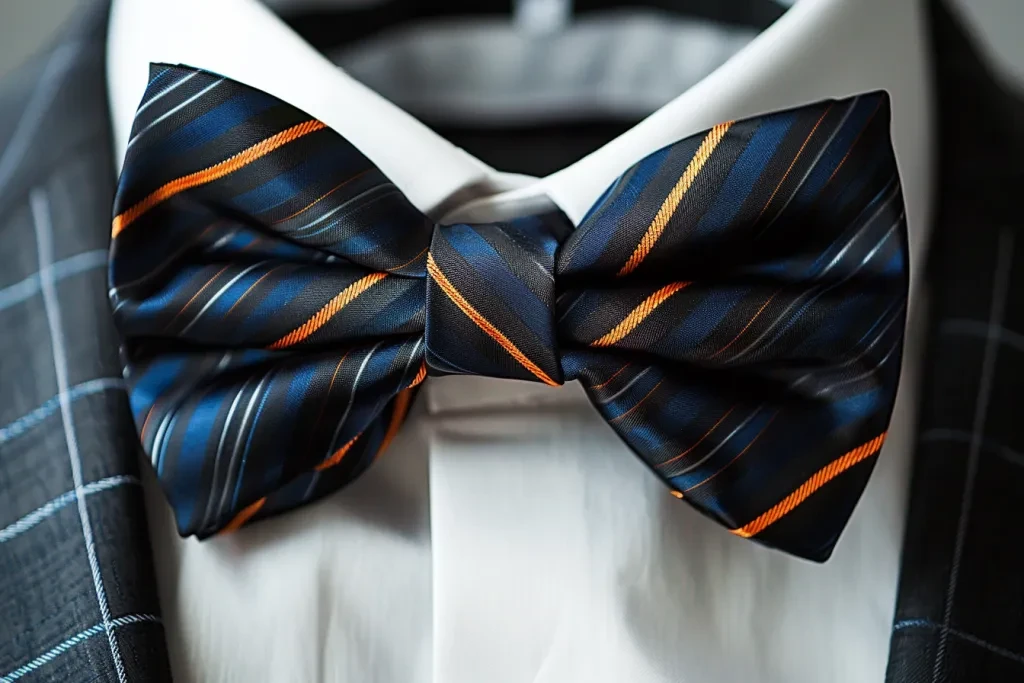 A black bow tie with blue and orange stripes