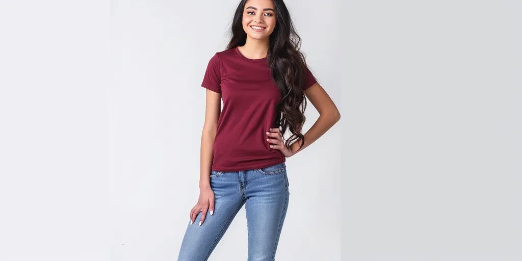 Full body photo of a beautiful smiling young woman with dark hair wearing jeans and a burgundy t-shirt
