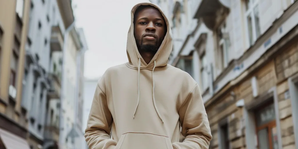 A beige hoodie with the hood up, worn in the style of an African American man