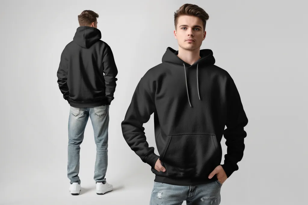 An ultra photorealistic, high-quality mockup of the hoodie in black color