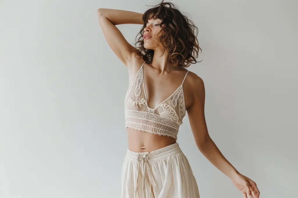 lucky lace, neutral colors, full body shot of woman