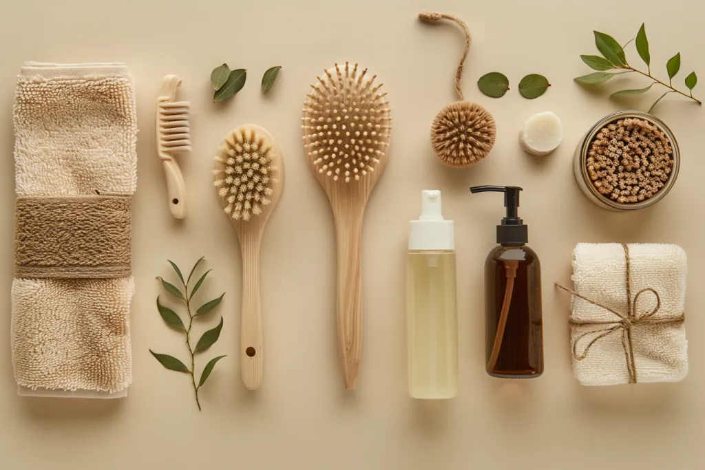 A set of natural beauty products and spa accessories