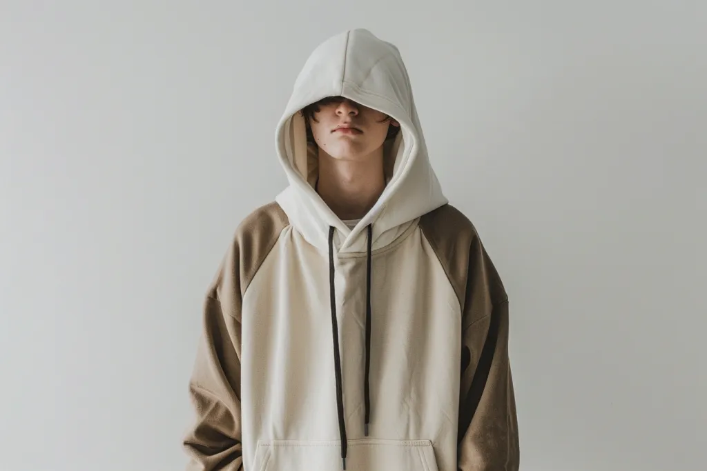 A man wearing an oversized hoodie with beige and brown colors against a white background
