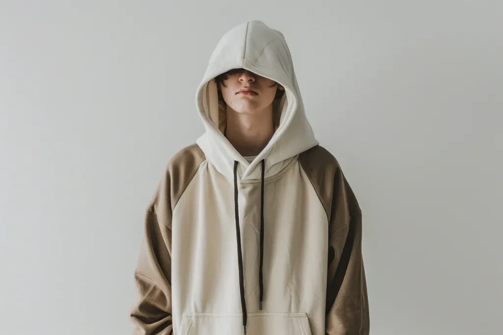 A man wearing an oversized hoodie with beige and brown colors against a white background