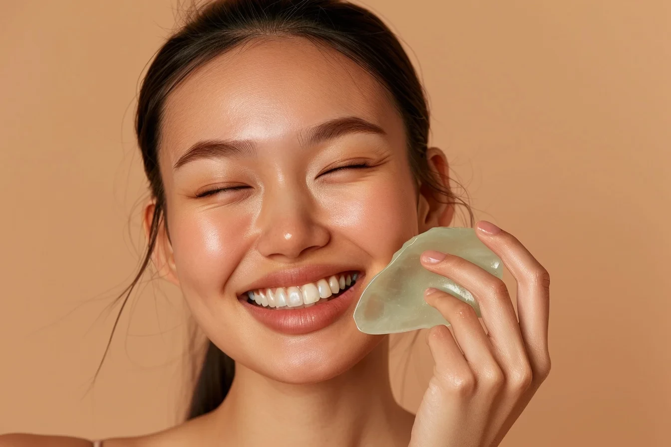 Close up photo of a beautiful smiling Asian woman using a green gua sha