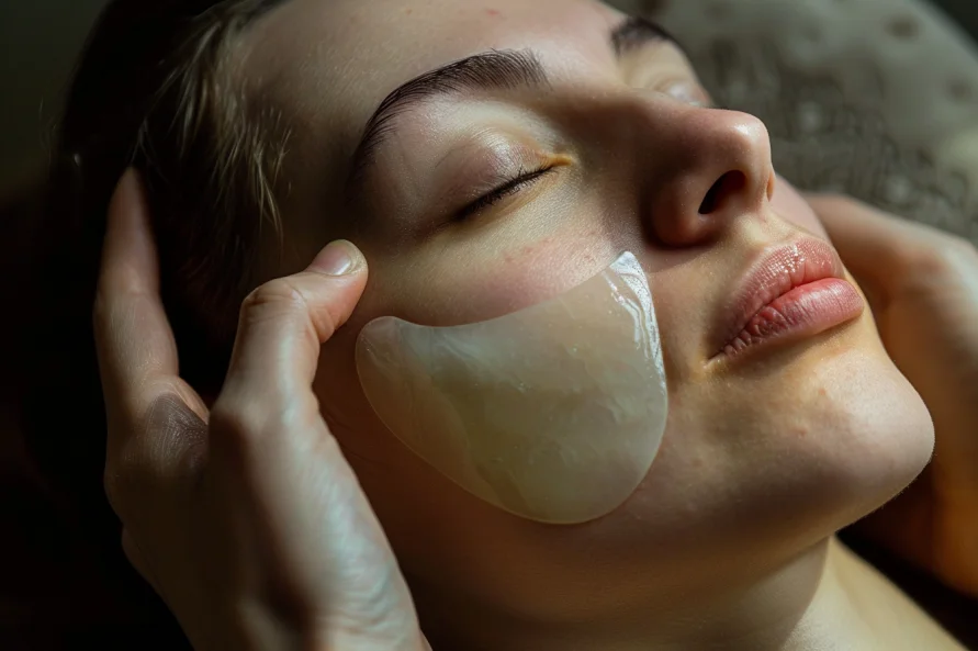 a girl is making gua sha on her face