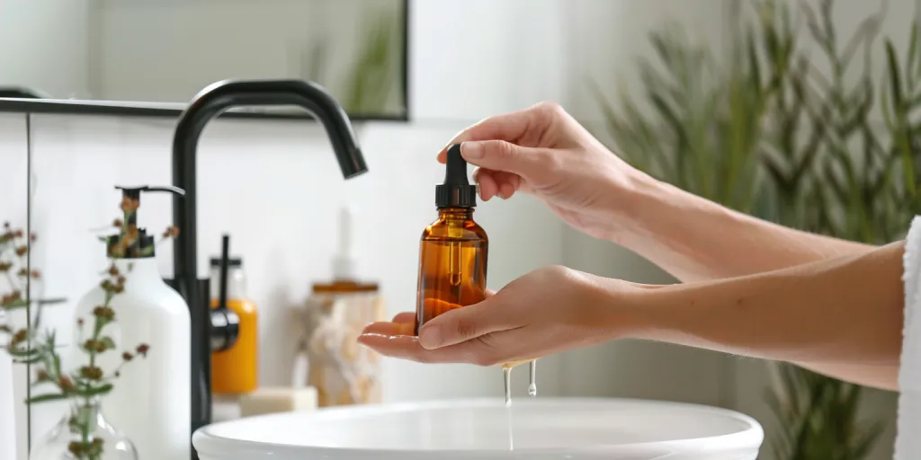 Un gros plan de mains appliquant de l'huile sur la peau devant le miroir de la salle de bain