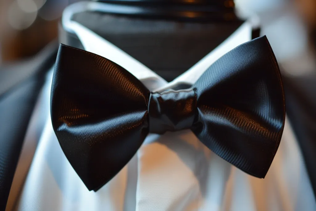 Black bow tie on white tuxedo lapel
