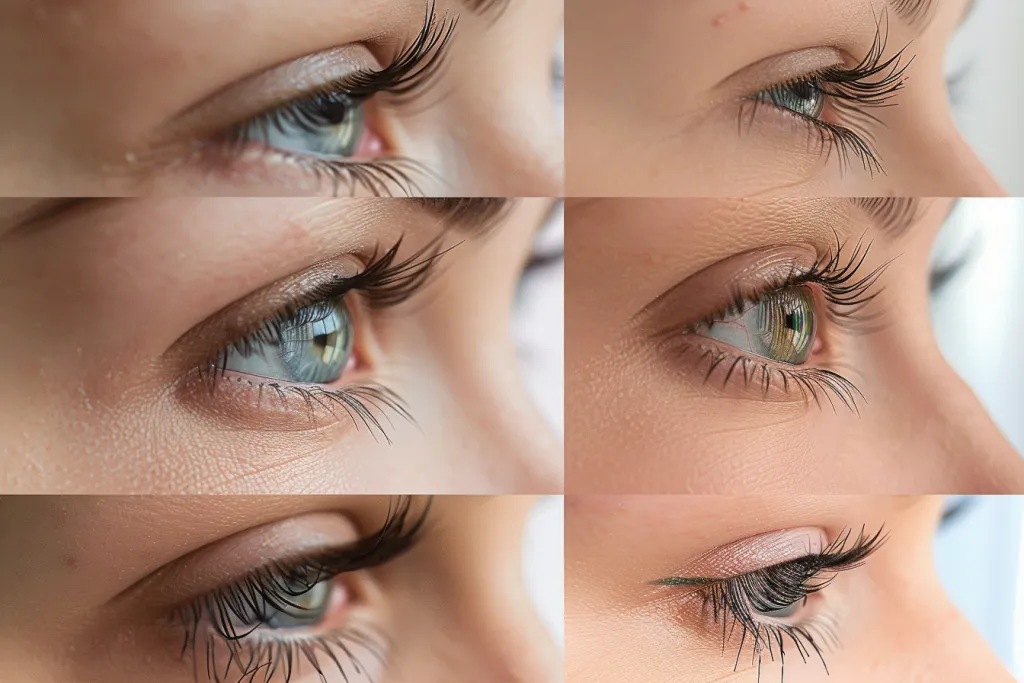 A series of photos showing a gorgeous woman's eyes over time