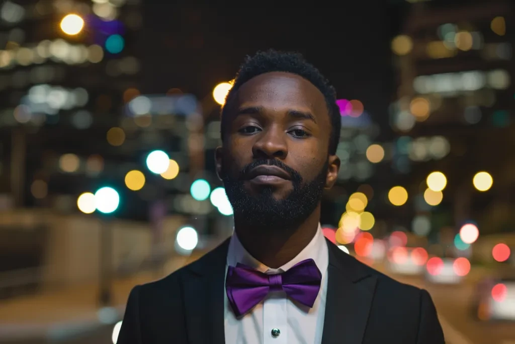 A black man wearing an elegant tuxedo with purple bow tie