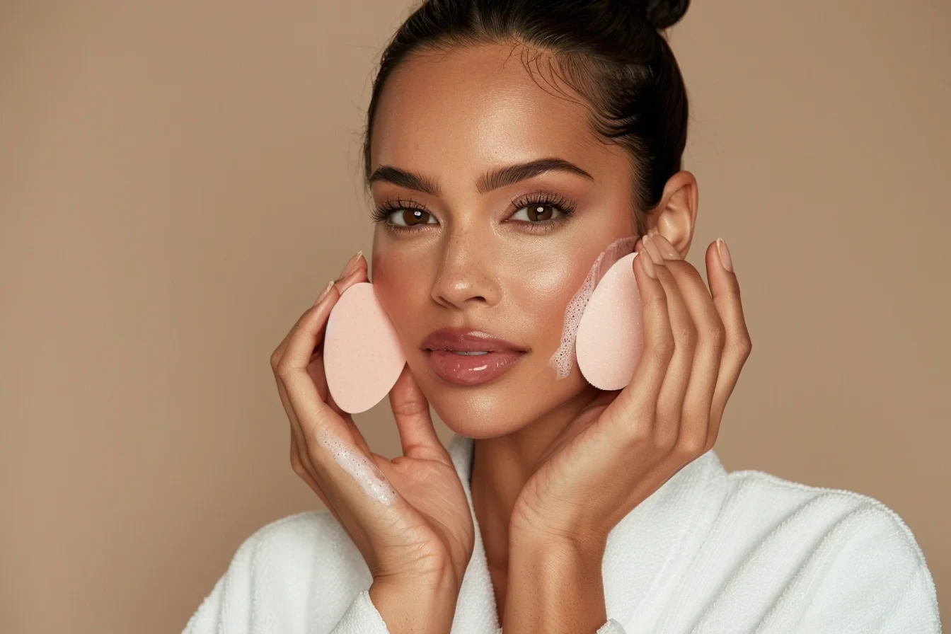 a woman wearing white robe is using an pink oval shaped Gauze stone