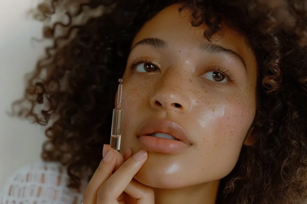 A photo of an attractive woman with curly hair applying a clear glass dropper