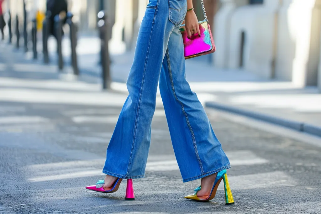 A model wearing blue jeans and a colorful handbag
