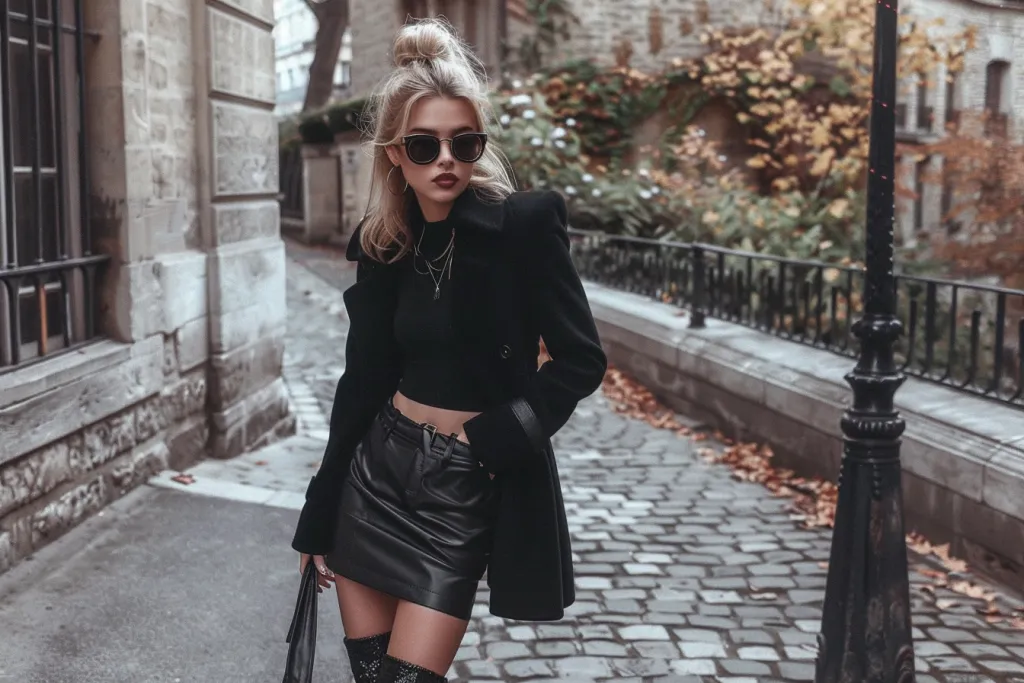 A fashionista is creating an elegant and sophisticated look with over-the-knee boots