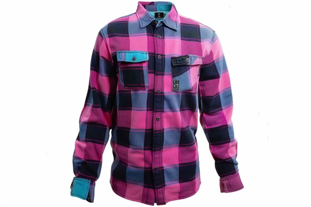 A vibrant pink, blue and black flannel shirt with long sleeves