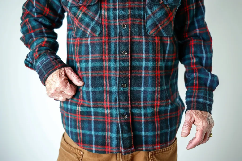 A rugged, blue plaid shirt with red and black accents