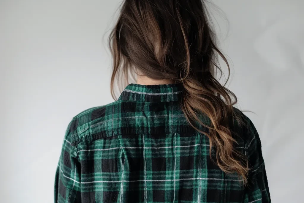 A woman wearing a green and black flannel shirt with the back showing