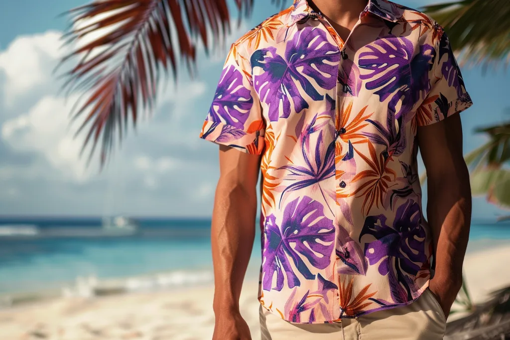 A vibrant and colorful floral shirt with short sleeves