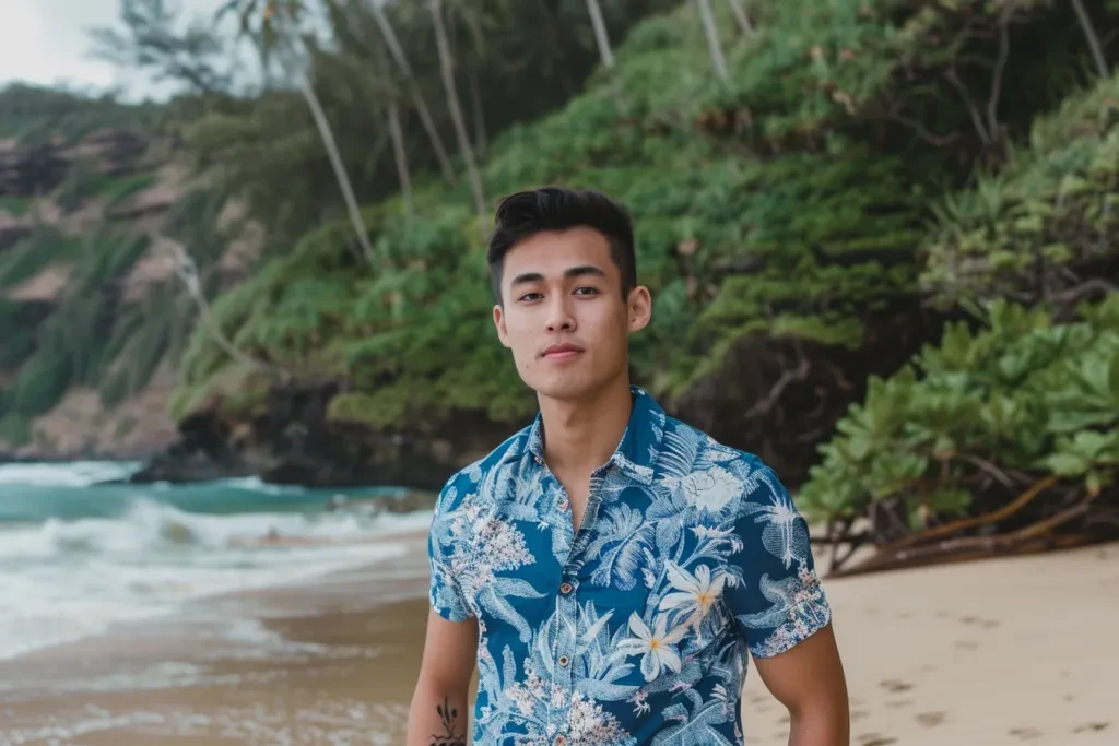 A photo of an attractive young adult man wearing a blue and white floral shirt