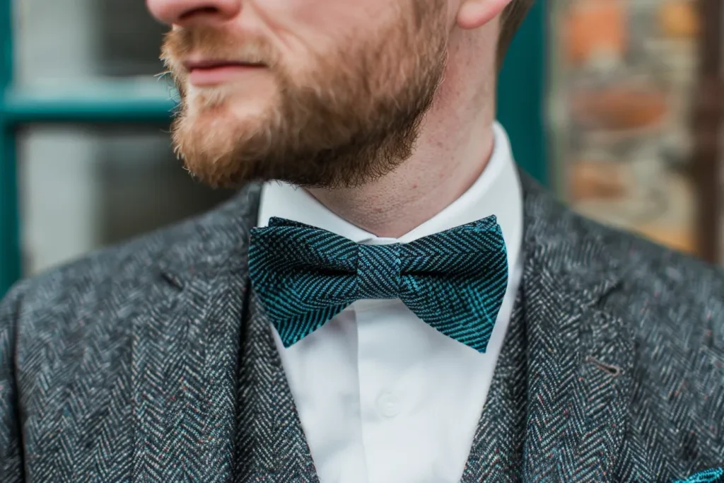 the teal and black herringbone patterned bow tie