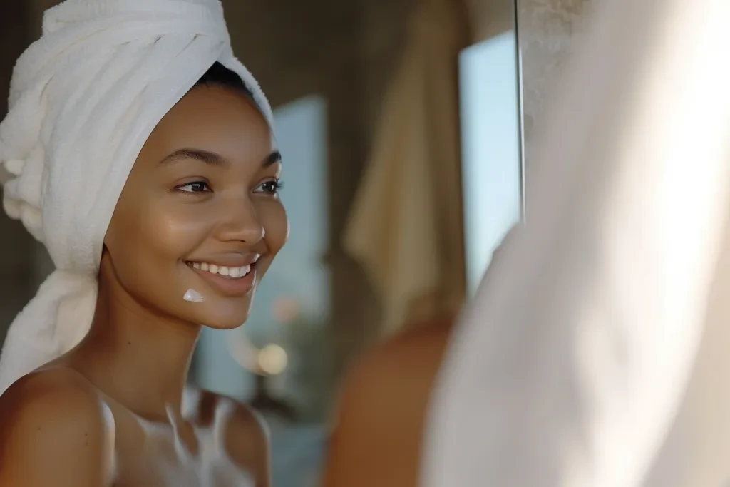 A beautiful woman smiling and looking at her face in the mirror