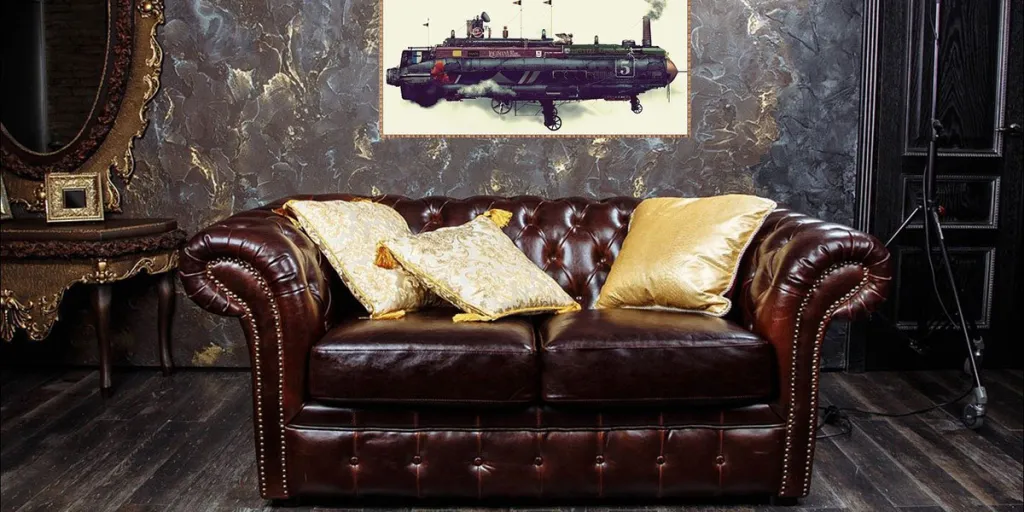 A Victorian-style sofa and steampunk decor