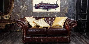 Un sofá de estilo victoriano y decoración steampunk