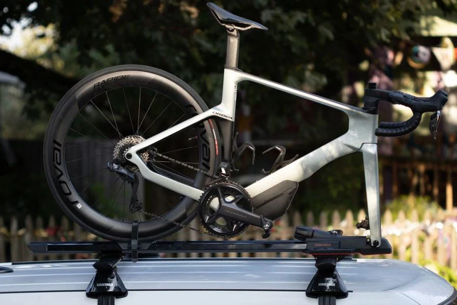 A bicycle on a rook bike rack