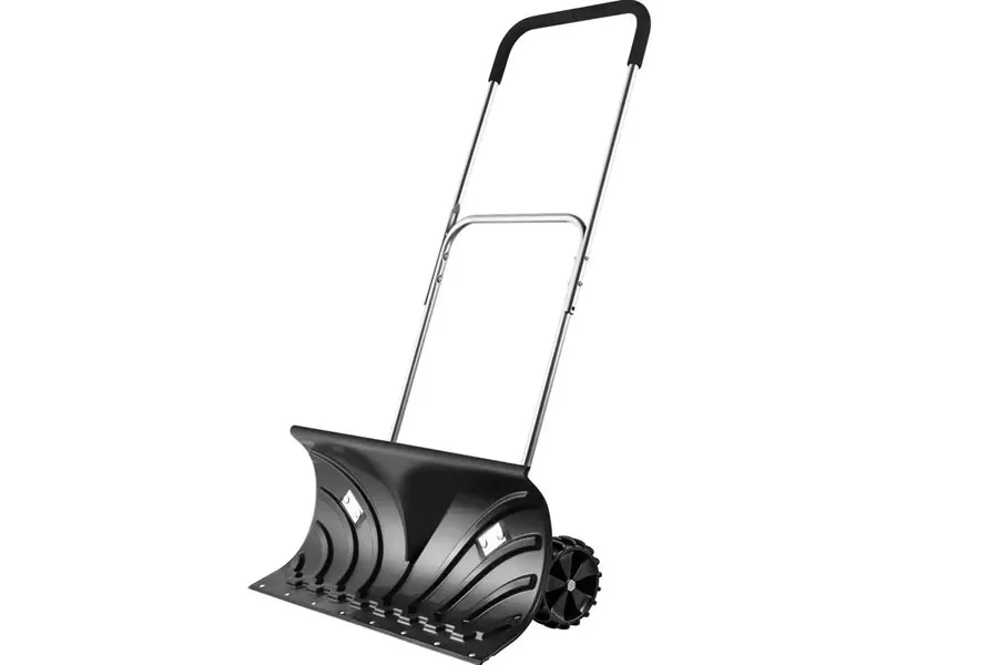 A black snow pusher shovel