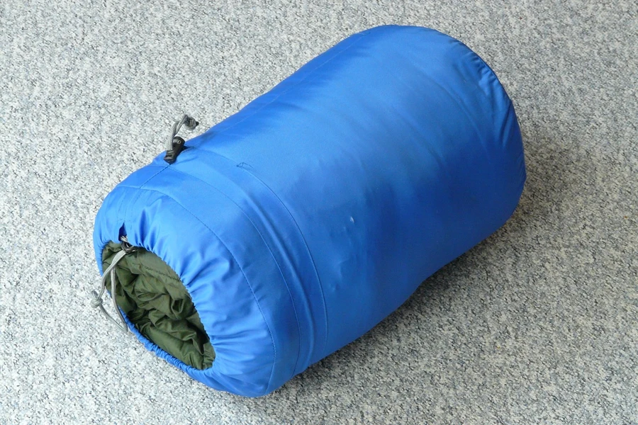 Синий свернутый спальный мешок на земле.