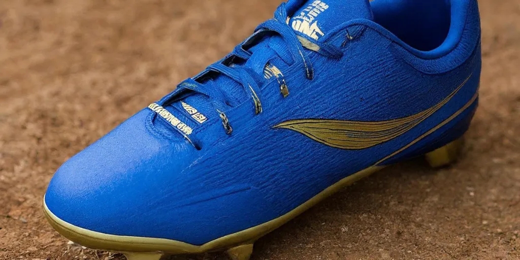 A blue softball cleat with gold studs