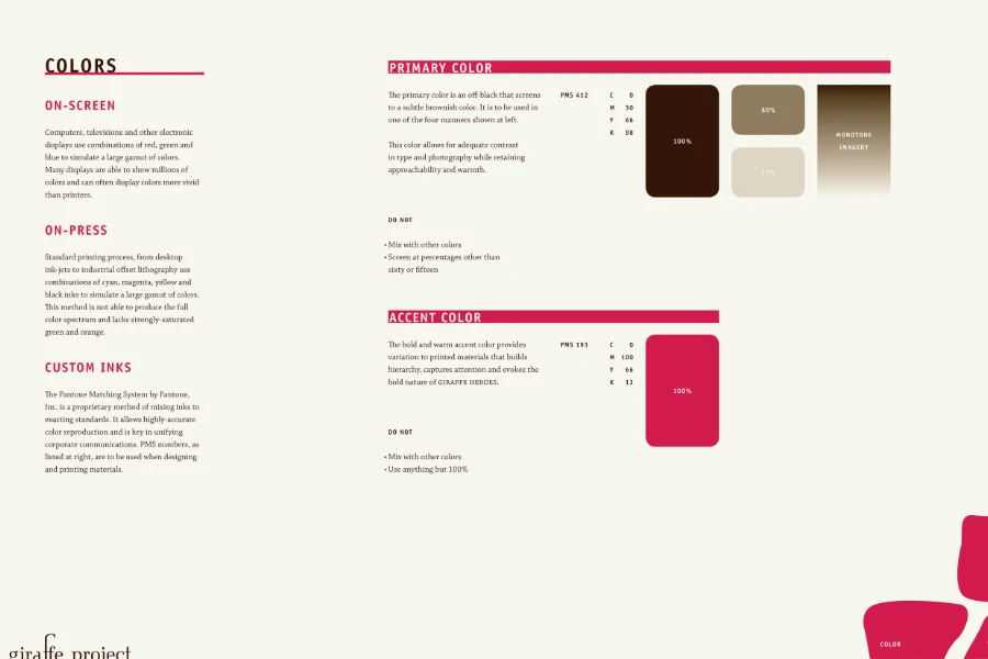 A brand style guide with sections on colors