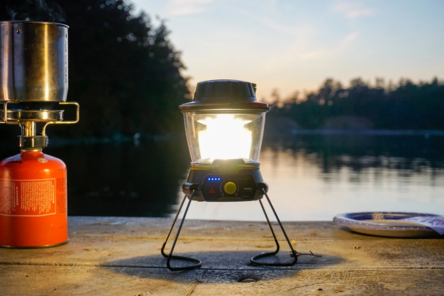 A bright electric lantern outdoors