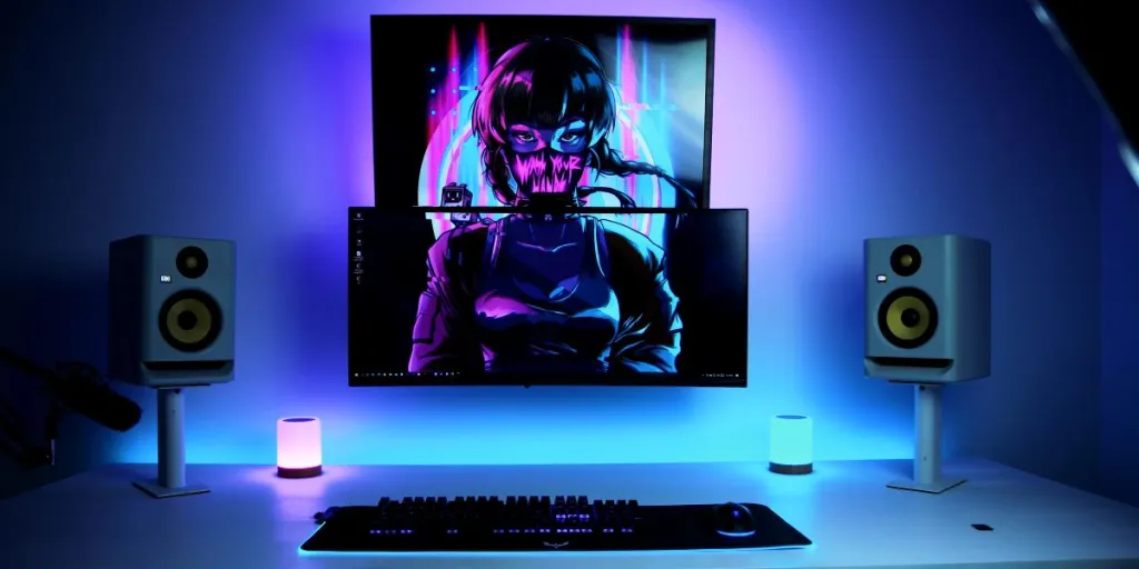 Un monitor di computer e altoparlanti seduti su una scrivania