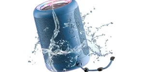 A cylindrical blue waterproof speaker